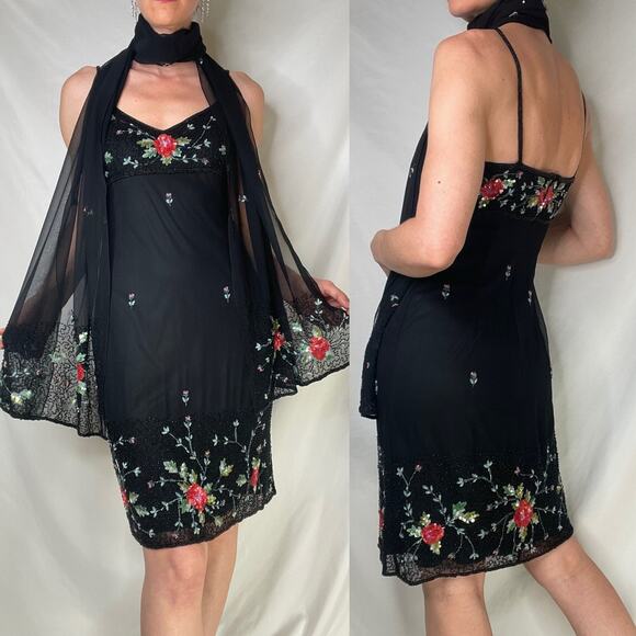 Sue Wong beaded silk floral slip dress with matching scarf wrap Nocturne 6 - Picture 3 of 17